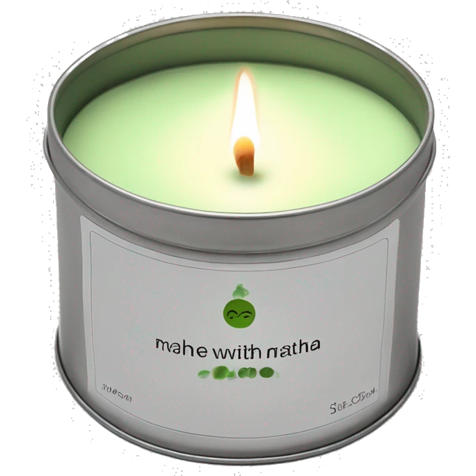 realistic short lit matcha candle, silver tin, small plain white label with black text emoji