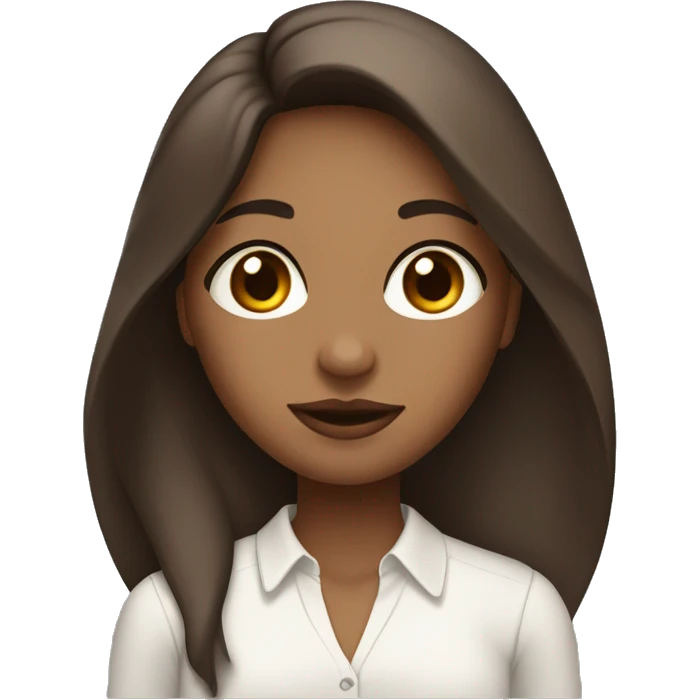 A brown girl with long straight hair and brown eyes, her nose is quite big and her lips are small. She’s wearing a white blouse  emoji