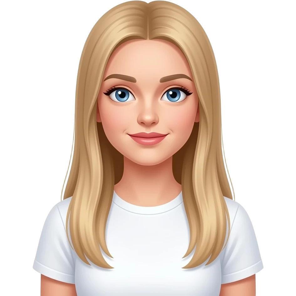 bella ragazza russa bionda capelli lisci lunghi e occhi chiari, con maglietta bianca e innamorata emoji