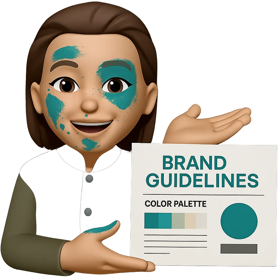 Edit the image to show her creating a color palette and brand guidelines, with visible traces of the color #0D8484 on her face. Keep the same style as the original image. Make the background transparent. emoji