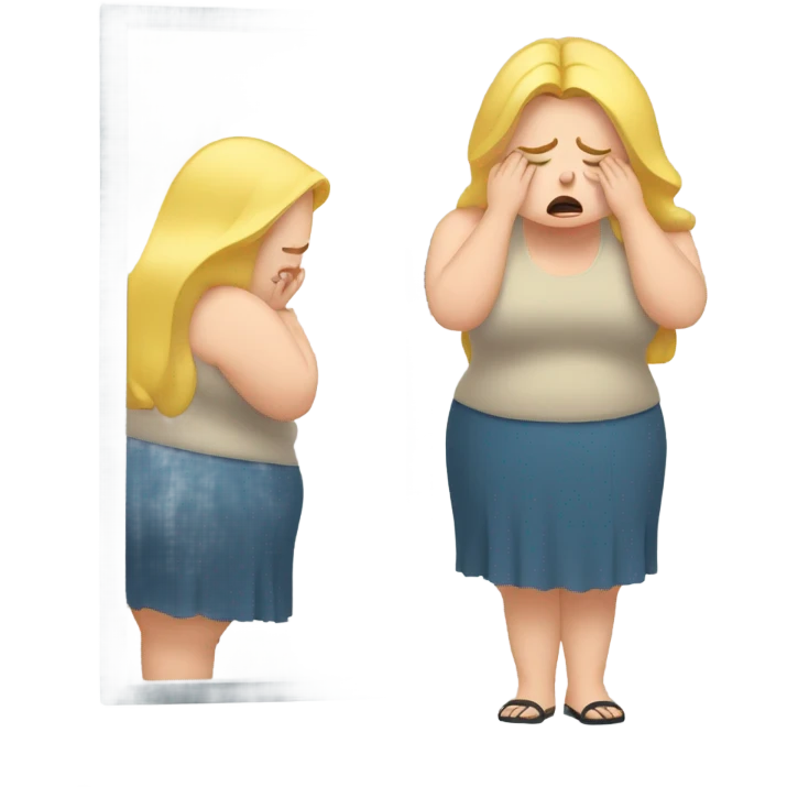 overweight blondie woman at mirror crying emoji