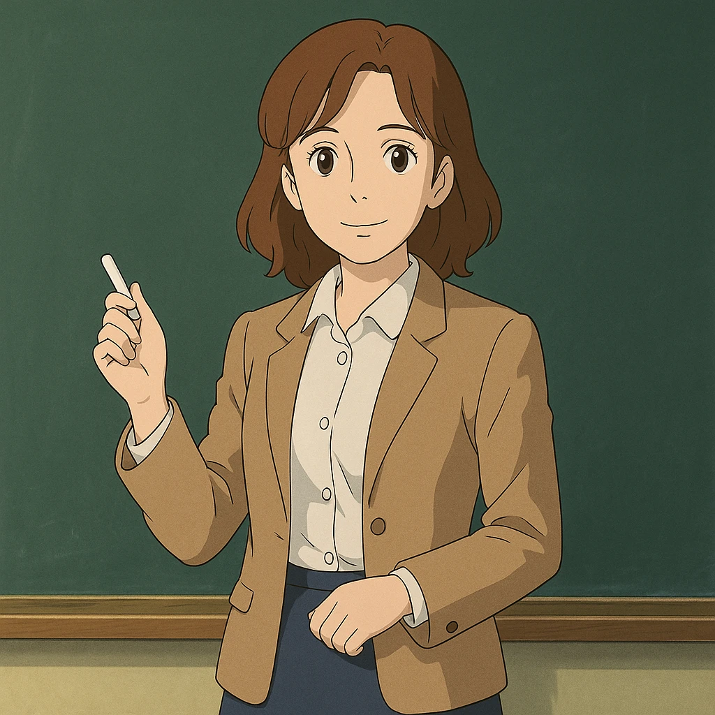 woman English teacher with brown hair, standing by a chalkboard, in ghibli style emoji