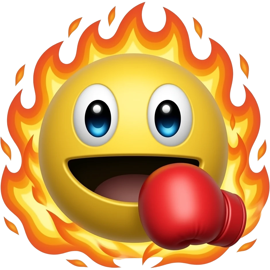 Traditional PAC man no eyes with flames and punching with a boxing glove emoji