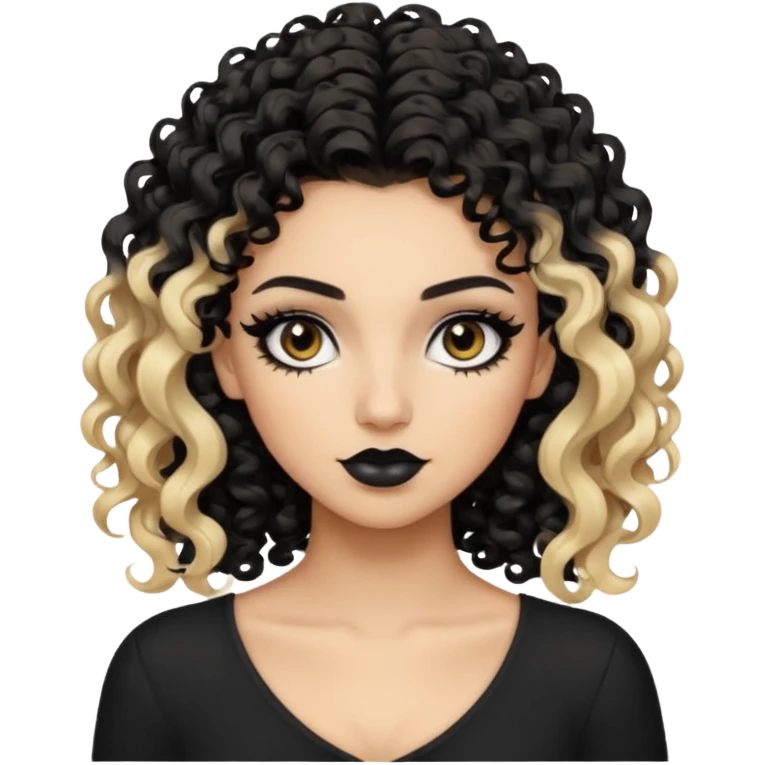 split dye leftside blonde rightside black-brown curly hair, baddie, pretty makeup, black eyeliner, long and curly hair emoji