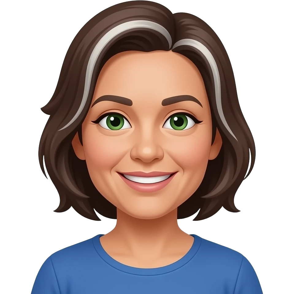 hispanic, female, green eyes, short brown hair with some white, always smiling, kind, around 45yr of age loves, blue, thin ayebrows, lips not full but not thin emoji