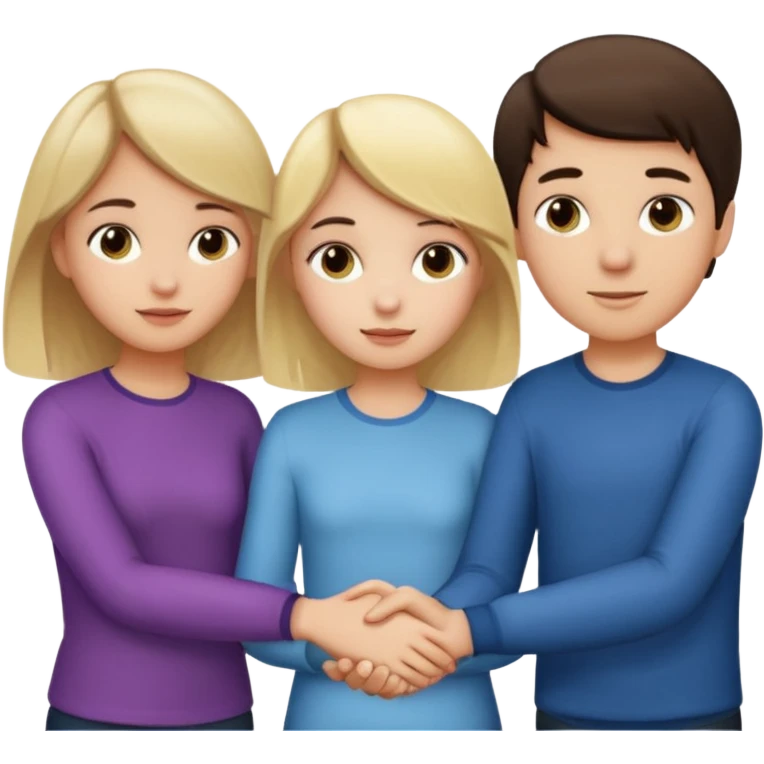  iOS emoji style.
A girl holding hands with two boys at the same time,one boy si brunette the other blonde, one on each side. the brunette one is kised by the girl but the blonde one si holding hand with her
The girl has a suspicious, guilty expression
 smooth gradients, rounded shape emoji