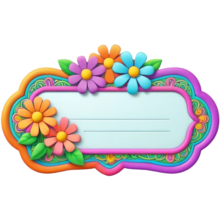3D, psychedelic colored name tag with hippie style flower border emoji