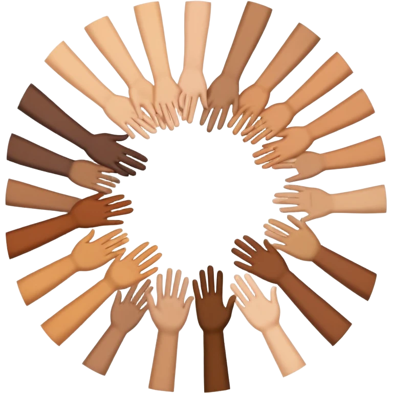 Emoji-style icon showing several diverse hands forming a circle or high-five together, symbolizing unity and team spirit. Flat minimal Apple-style emoji, bright colors, white background, soft shadows. emoji