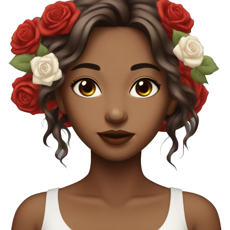 Beautiful, rose, red, flowers in hair, long dark brown hair, white fair skin emoji