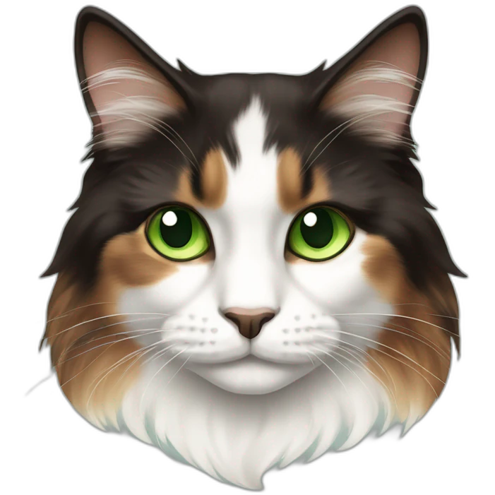 staring longhaired dark brown and white calico cat with green eyes emoji