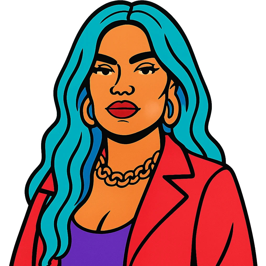 Karol G vibrant toon style with bold colors and iconic style emoji