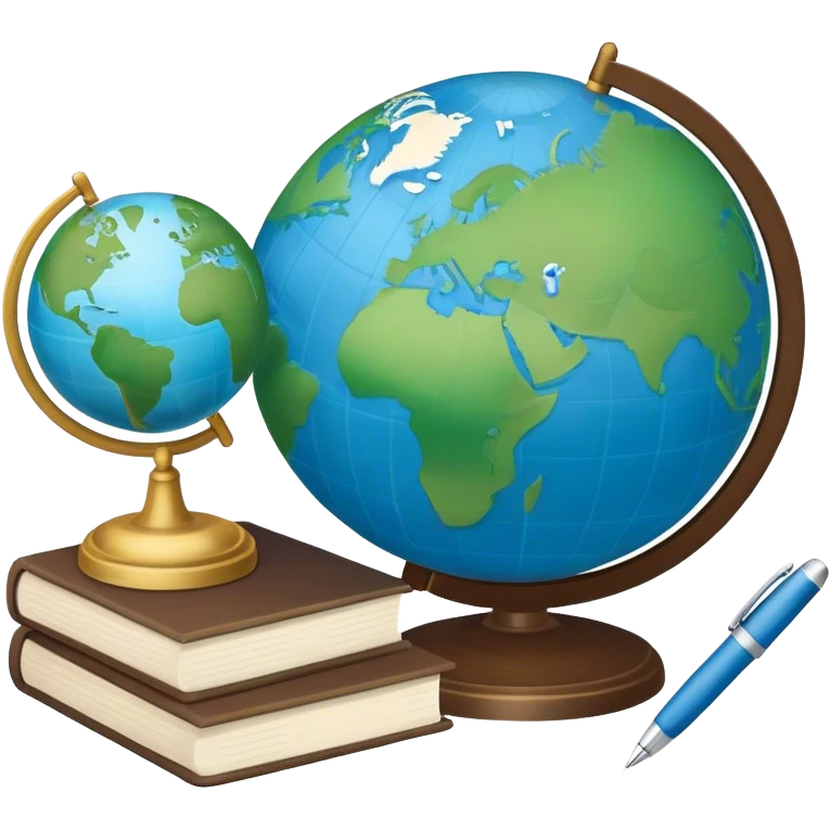 Create an emoji representing language translation. The design should feature a globe in the background, symbolizing international communication. In front of the globe, place two books or sheets of paper with texs on them and a pen nearby to indicate the act of writing. Use a clean and professional color palette with blues, greens, and neutral tones. Make the background transparent. emoji