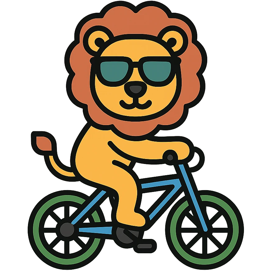 lion wearing sunglasses riding a bicycle, colored icon emoji