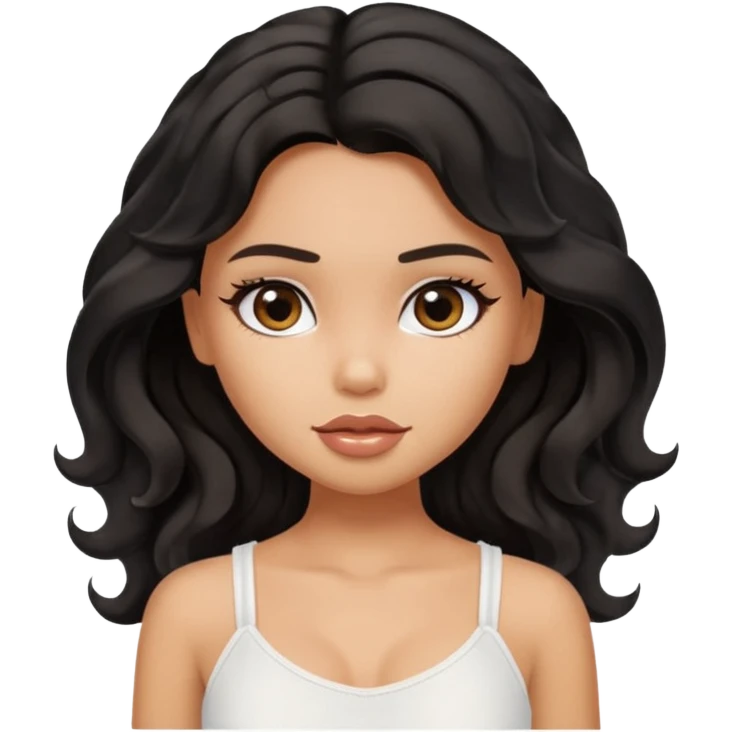 a pretty bratz tan girl with wavy black hair wearing a white cami top. Skintone is tan emoji