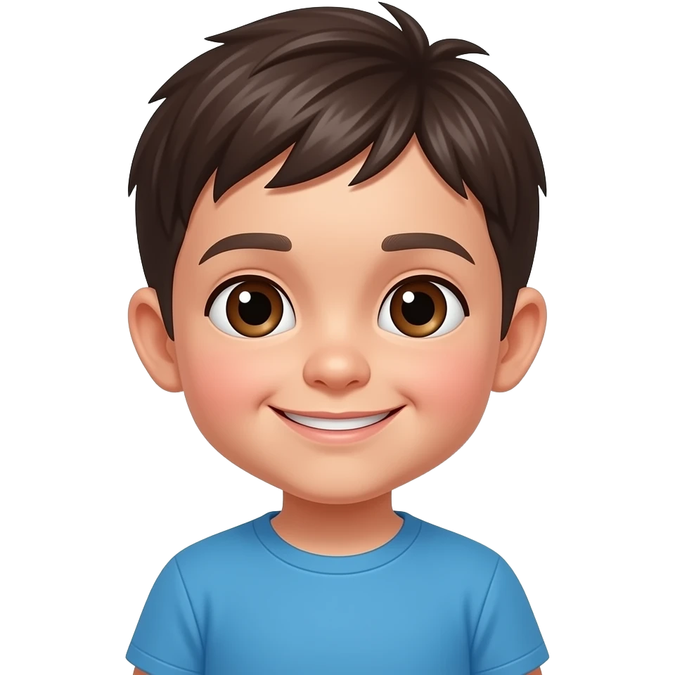 In apple emoji style, a close-up of round smiling toddler boy face only with big eyes, dark brown or black straight hair, skin tone to be light, eyes brown and in a blue t shirt emoji