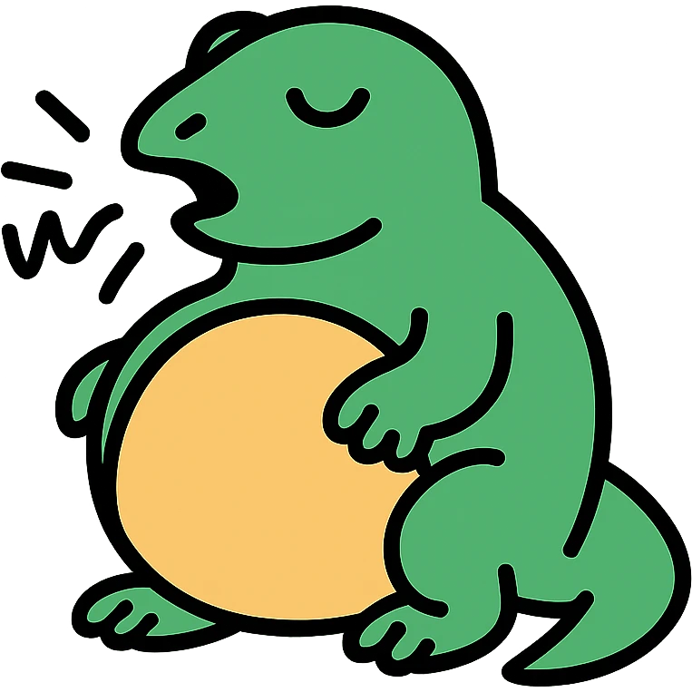 A fat green komodo dragon with a round belly, in mid-hiccup with small motion lines emoji