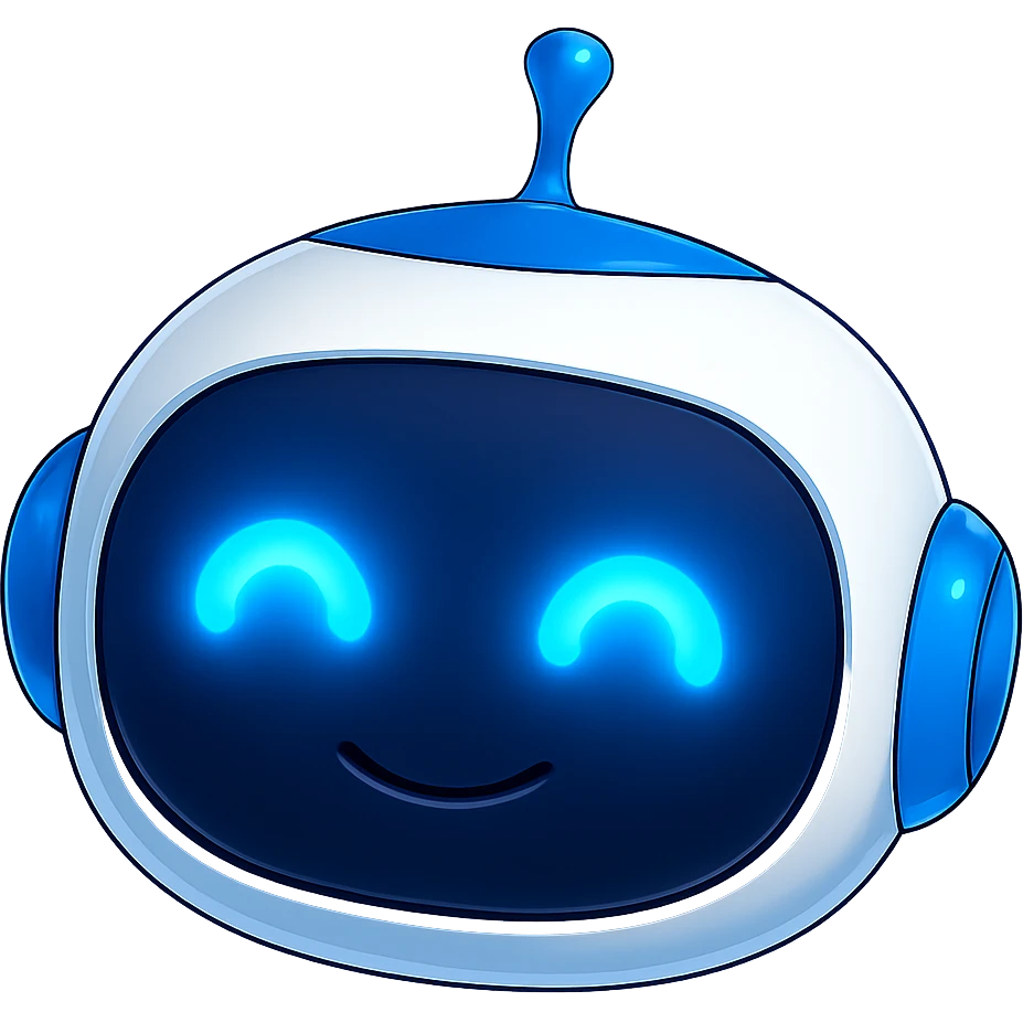 Robot head only, matching the style and colors of the reference robot (blue and white), head with normal shine, eyes extremely bright and glowing, cute and friendly expression, no background, in the style of the reference robot. emoji