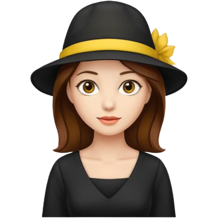 brown hair black dress yellow hat emoji