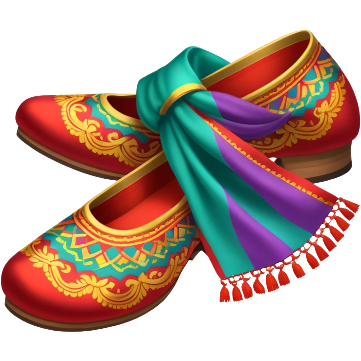 Humanless Icon for Folk Dance: traditional folk dance shoes, a colorful scarf, and a vibrant dance floor. The icon should capture the energy and cultural richness of folk dancing, with emphasis on movement, rhythm, and traditional attire. Transparent background. emoji
