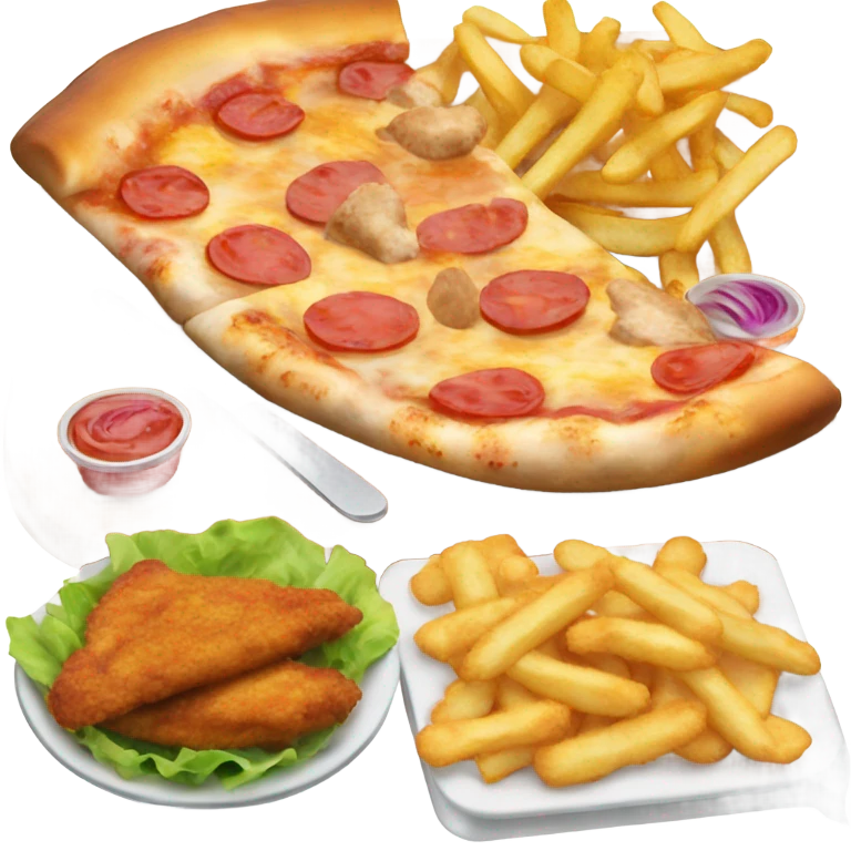 pizza and chips and fries and some chicken nuggets and some chicken wings and a salad for lunch  emoji