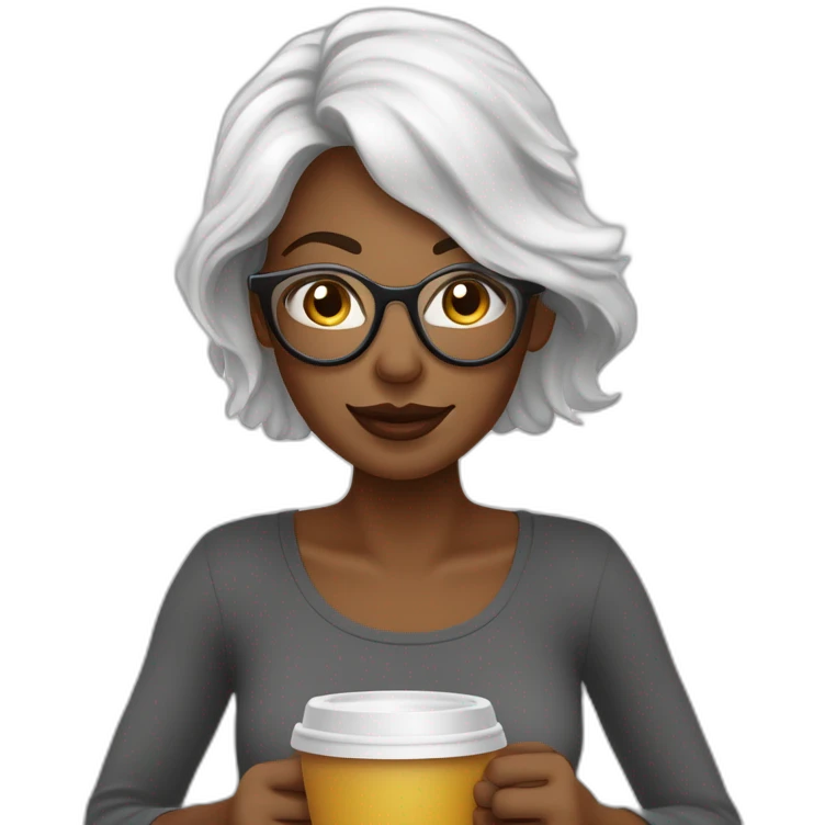 Mujer de piel blanca, melena negra,con lentes semi al aire de color calipso. Con un lunar sobre el labio superior en la parte izquierda de la cara. Tomando un café y saludando emoji