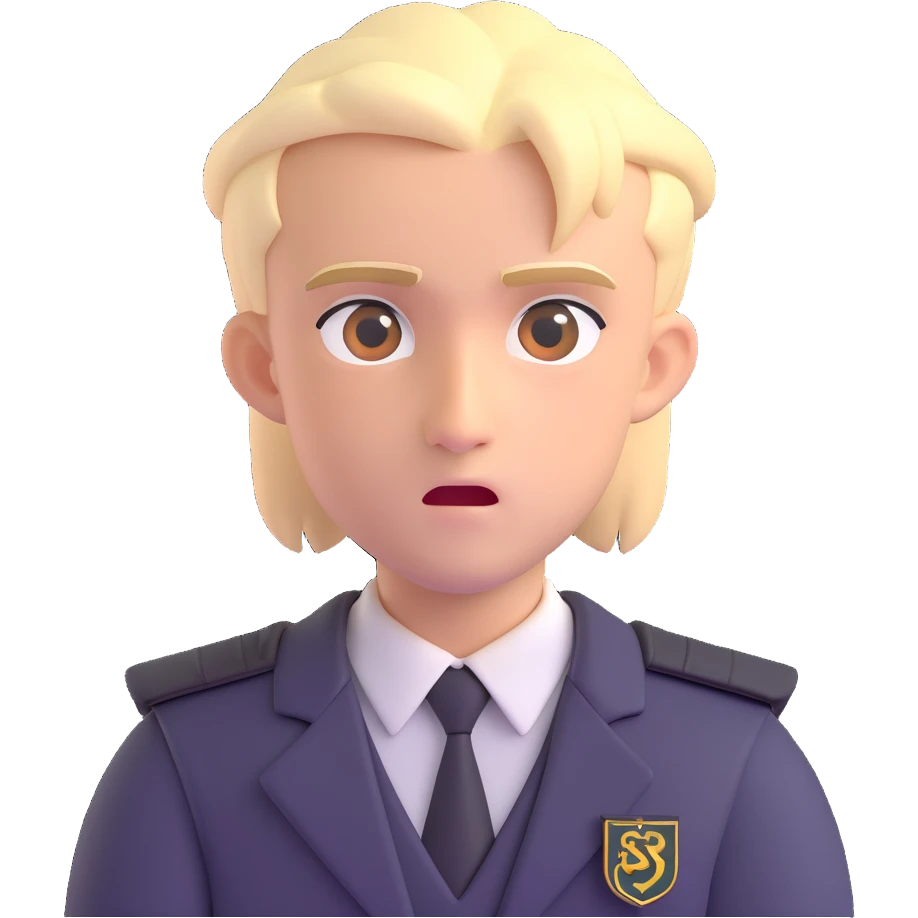 Draco Malfoy face, pale blond hair, sharp features, sly expression, school uniform, Harry Potter inspired, 3D emoji style emoji
