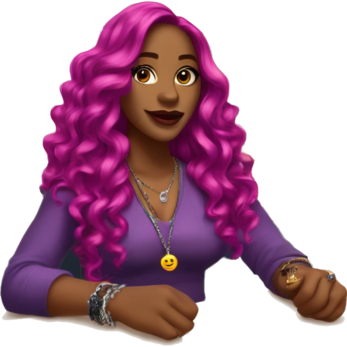 🧍🏾‍♀️💁🏾‍♀️✨ Long wavy magenta hair, glossy lips, stylish with jewelry and lanyard, posing confidently with a hand gesture, in a classroom setting.” emoji
