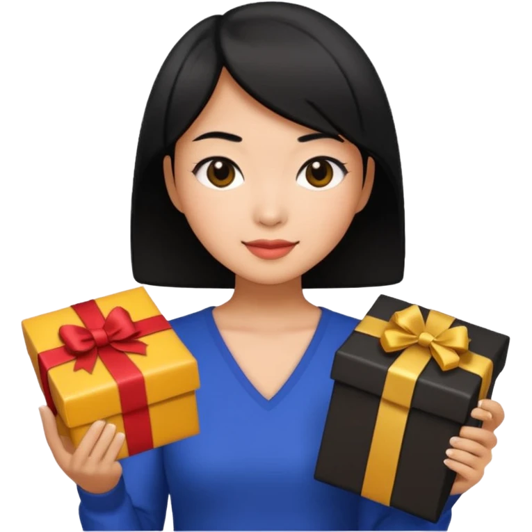 asian woman short hair tanned, holding with black present - emoji style emoji