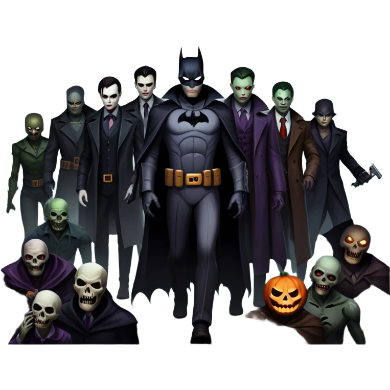Icon for Thriller Movies: A large, dramatic collage featuring sinister villains and zombies in dark clothing. The background shows the gloomy cityscape of Gotham with dim lighting and eerie shadows. The atmosphere should be tense, mysterious, and suspenseful. Transparent background. emoji