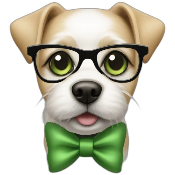 medium-bege-and-white-dog-with-green-eyes-and-black-glasses-and-green-bow emoji