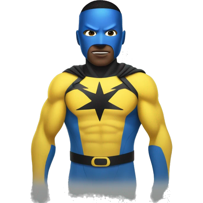 Superhero wearing a yellow and blue suit with black accents. He should have a distinctive yellow visor-style mask covering his eyes, shot black hair. heroic expression. emoji