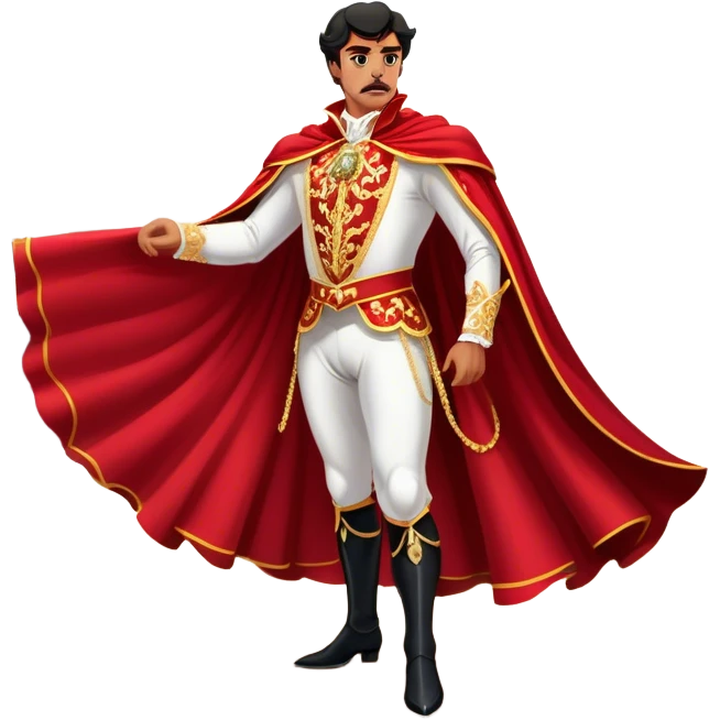 Spanish Matador – Cinematic Realistic Spanish Matador, portrayed in an ornate traje de luces with a flowing red cape, standing poised in a classic bullring with swirling dust and dramatic light, his intense expression and elegant stance capturing both bravery and artistry. emoji