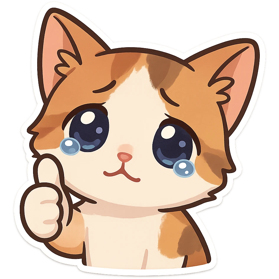 A kitten with tearful eyes, giving a thumbs up emoji