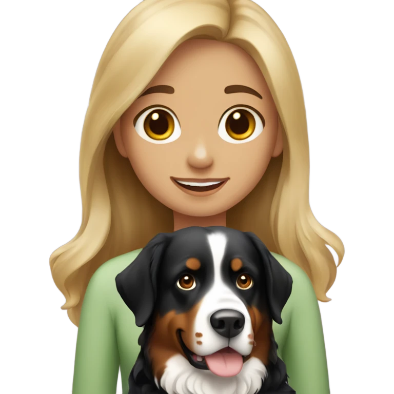Girl with brown and blonde hair with a Bernese mountain dog emoji
