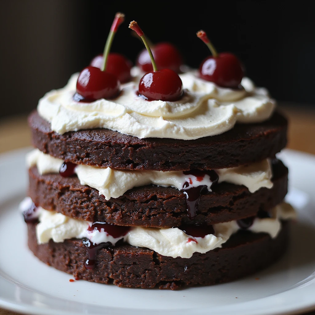 black forest cake, realistic, rich chocolate layers, whipped cream, cherries on top, appetizing and detailed emoji