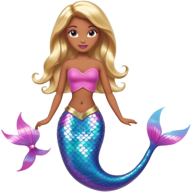 Brown skin blonde hair barbie mermaid with holographic tail and pink  in hair emoji