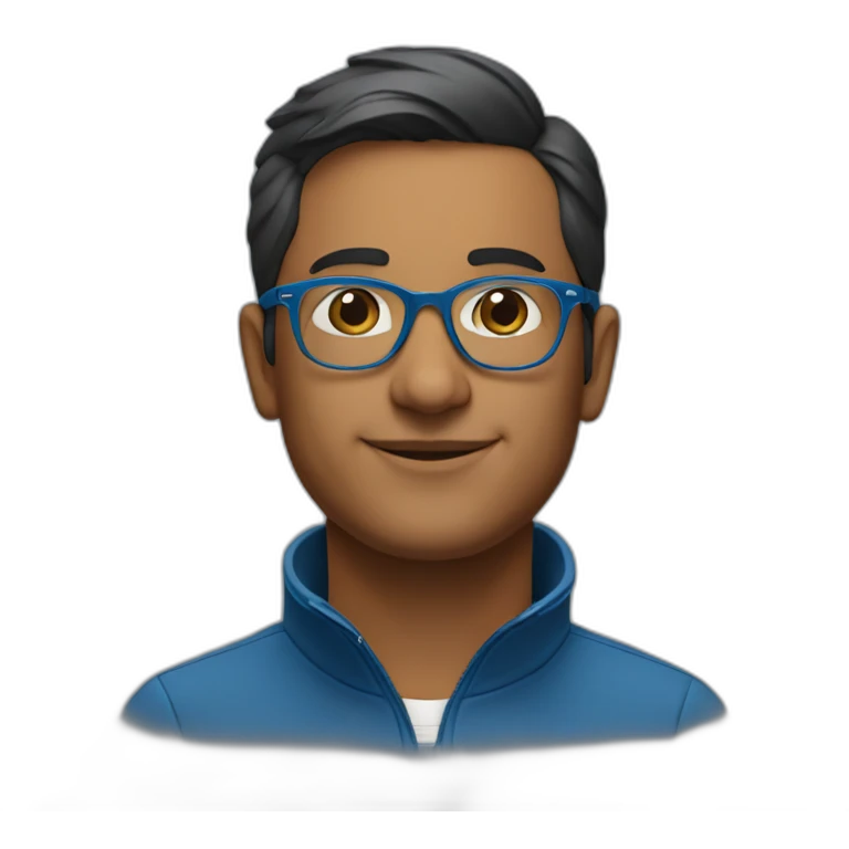 indian tech founder clean shaven in blue quarter zip with tortoise glasses emoji