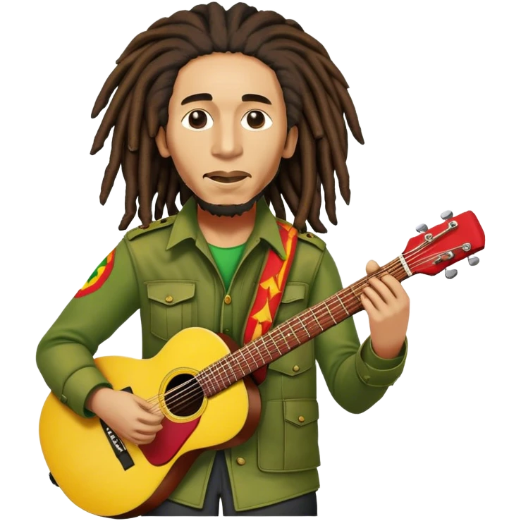 Icon for Reggae Music: Bob Marley with his guitar, surrounded by his band, The Wailers. The design should capture the laid-back, rhythmic vibe of reggae, with iconic dreadlocks and vibrant colors (red, yellow, green). Transparent background. emoji