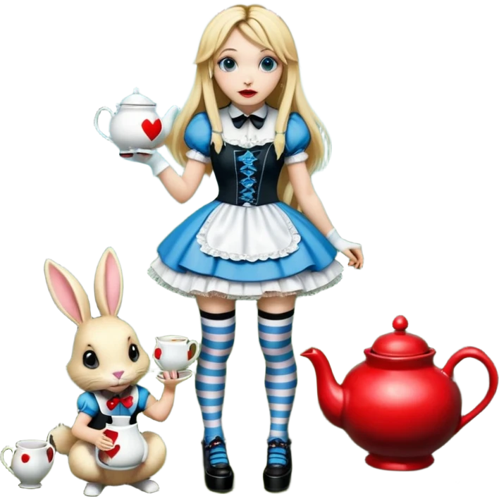  3d rendering,  ultra detailed, Alice in wonderland modern style in a punk gothic style outfit, stripped knee high socks, gothic platform heels, long blonde hair, eyeliner, red lipstick, falling through rabbit hole,  holding a tea pot, transparent background
 emoji