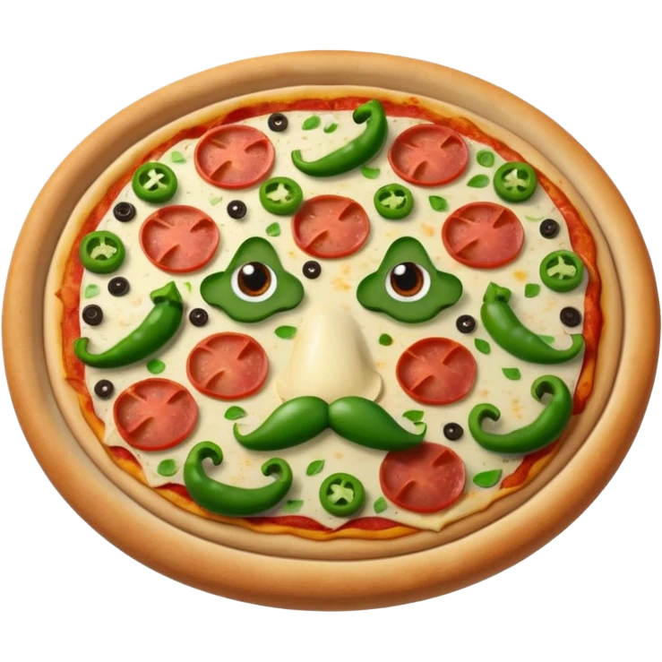a  whole pizza with pepperonis from eyes and mushroom from the nose and green bell pepper from the mouth and mustache emoji