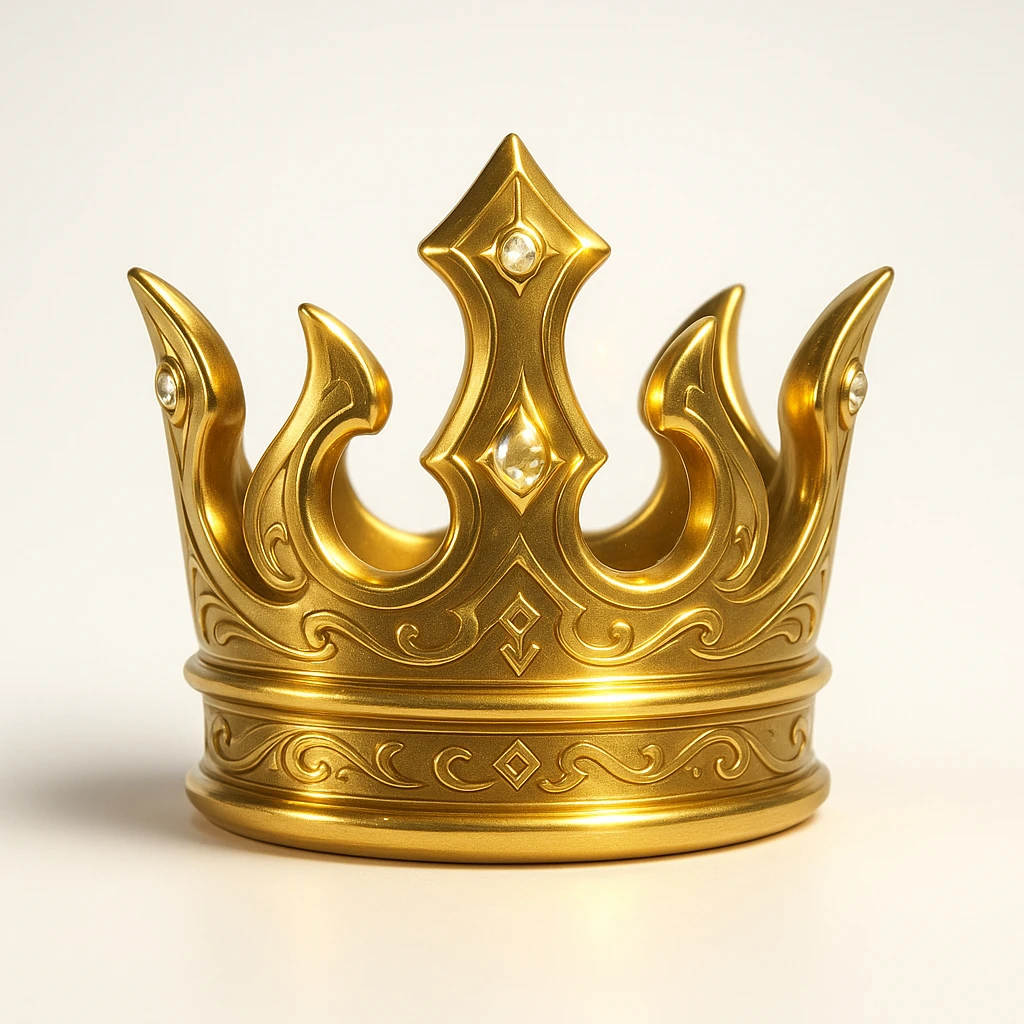 stylized elegant golden crown with intricate details and subtle glowing accents, sleek modern fantasy design with smooth curves and small embedded shimmering gemstones, surrounded by a classic Magic: The Gathering card frame border with ornamental corners and subtle arcane patterns, polished metallic finish, faint magical glow, dark background inside the card frame, clean iconic look, suitable for Discord emoji or competitive Magic/Commander league logo emoji