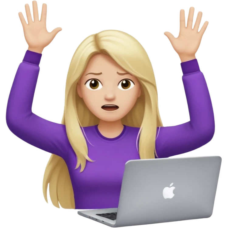 lady with long blonde hair, purple top throwing her with a laptop hands in the air saying why emoji