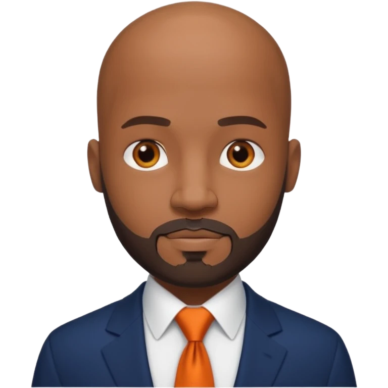 headshot of a sophisticated, stylish, bald head Caribbean black man with a beard and goatee in a navy blue suite, white shirt and dark orange tie emoji