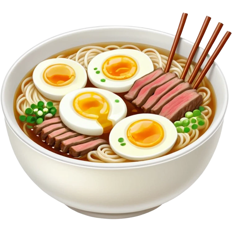 Korean cold noodles naengmyeon in a bowl with clear broth, one slice of egg and one slice of beef on top emoji