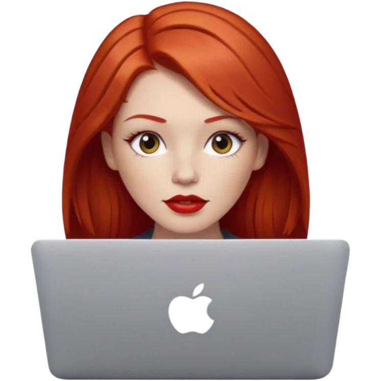 white-skinned red-haired woman with middle-parted red hair, red lipstick, using a MacBook emoji
