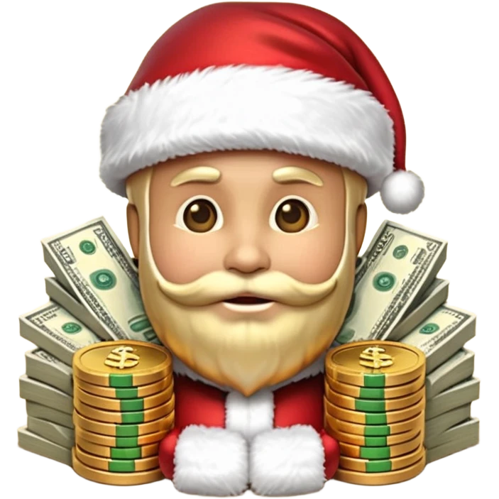 A confident rich emoji face wearing a Santa hat, money stacks, casino vibe, New Year theme, premium 3D emoji style, sharp details, no text, isolated on transparent background emoji