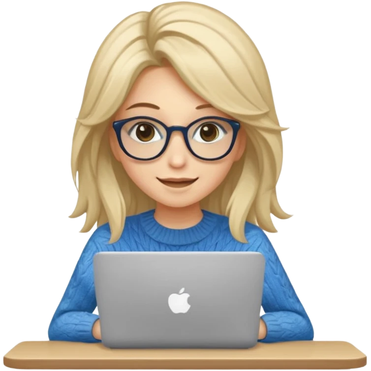 ragazza bionda sorridente con capelli lunghissimi, con occhiali tartarugati, occhi azzurri, con maglione beige, seduta alla scrivania che lavora al pc emoji
