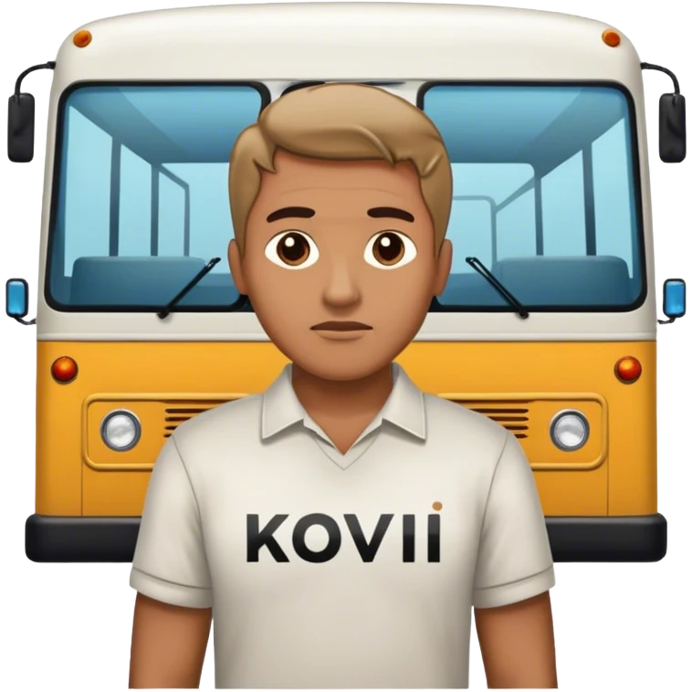 Guy standing next to a bus, facing backwards and had the name “Kovi” on the back of his shirt emoji