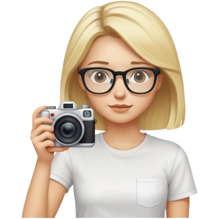 blonde girl, shoulder-length hair, glasses, white t-shirt, holding a camera emoji