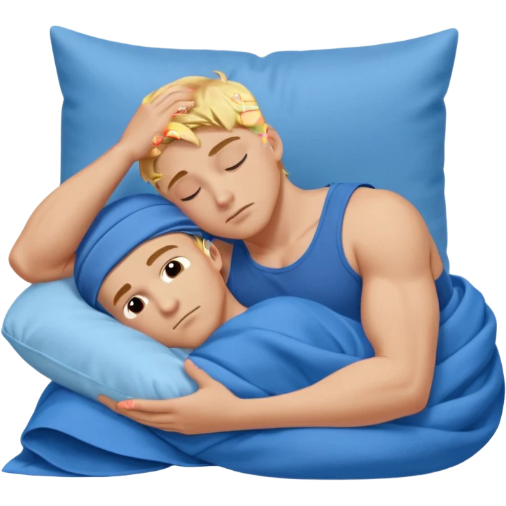 A young muscular male with short dark-blonde hair, medium-light skin, and a neutral expression, dressed in blue cloth. He lies on his side, arms around a soft white pillow, with his head on a smooth blue pillow. A flowing blue blanket covers him in silky folds. emoji